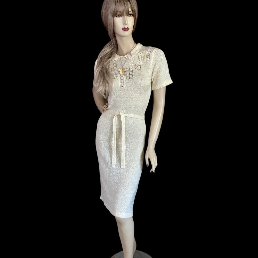 Vintage Knit Dress Cream Floral Embroidered Pointelle Cottagecore Small - Picture 1 of 10